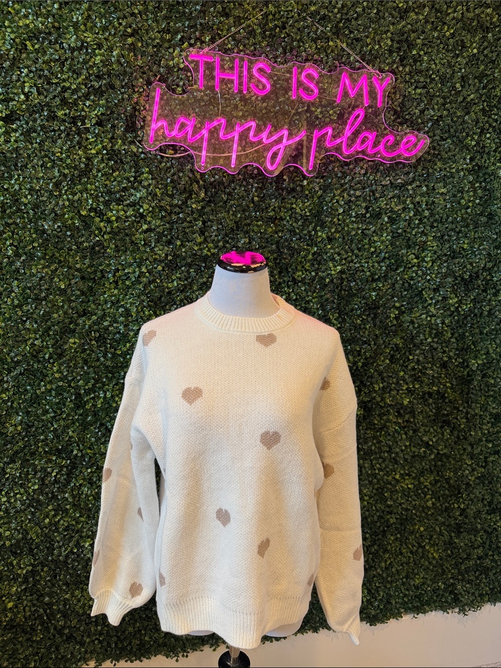 NWOT Heart Print Crewneck Sweater Cream & Brown